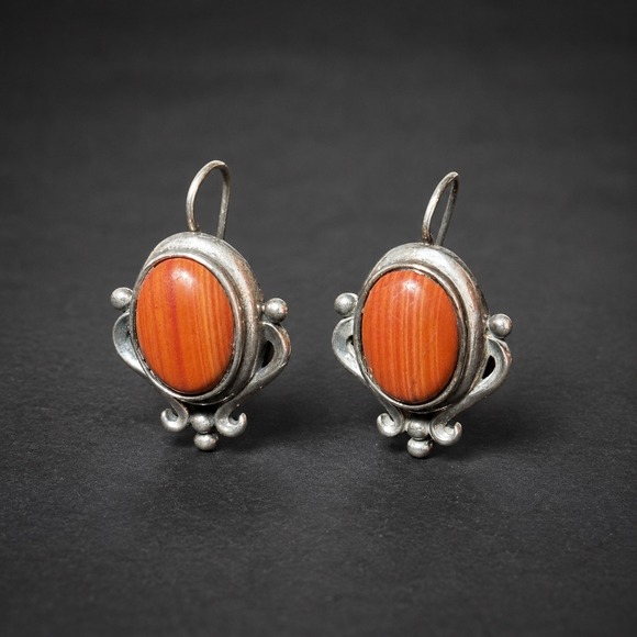 Jewelry - Vintage MC 925 Sterling Silver Orange Banded Agate Drop Artisan Earrings